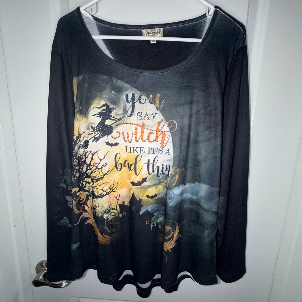 Halloween Witch AOP Graphic‎ Long Sleeve Rhinestone Letters Top Black Womens XL